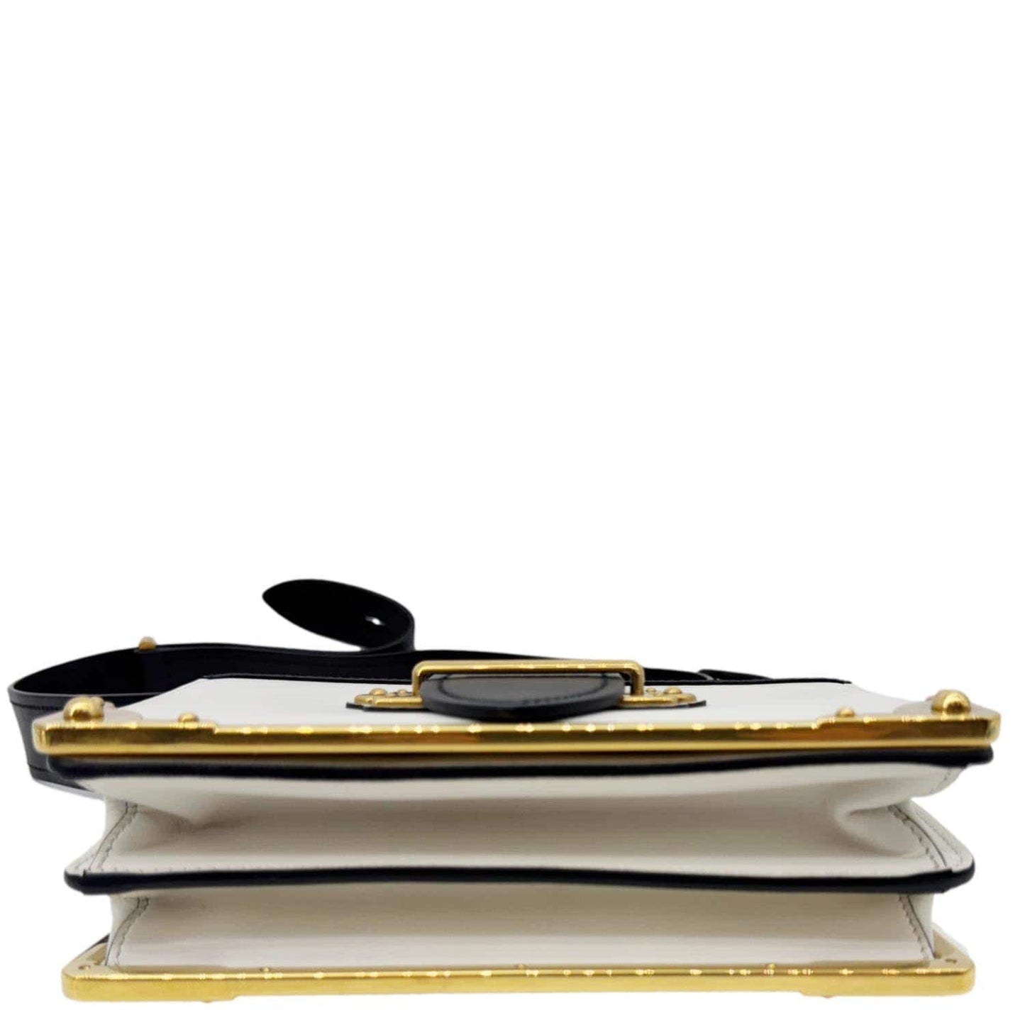 PRADA Cahier City Large Calf Saffiano Leather Shoulder Bag White with gold-tone hardware, side view showing structured vintage design.