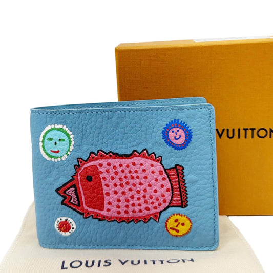 LOUIS VUITTON x YK Taurillon Leather Multiple Wallet Blue with artistic dots and premium leather, comes with dust bag and box.