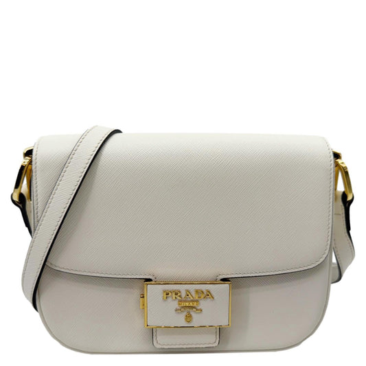 PRADA Embleme Flap Saffiano Lux Leather Shoulder Bag White, sleek silhouette, iconic logo clasp, elegant day-to-night accessory.